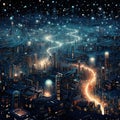 AI generated illustration of an aerial view of an imagined futuristic city illuminated by the stars