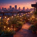 rooftop garden with plants, trees and string lights in the evening