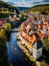 AI generated illustration of an aerial view of a picturesque small town atop a verdant hillside Royalty Free Stock Photo