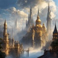 the city with spires and clouds is shown in this image