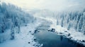 AI generated illustration of an aerial view of a snow-covered river winding through a winter forest Royalty Free Stock Photo