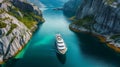 AI generated illustration of an aerial view of a solitary boat sailing through a picturesque fjord Royalty Free Stock Photo