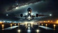 a large jet airplane is flying in the night sky above a runway Royalty Free Stock Photo