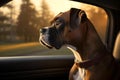 AI generated illustration of an affable boxer dog in the passenger seat of a car