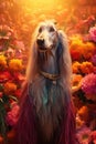 AI generated illustration of an Afghan Hounddog sitting among a stunning array of vivid wildflowers Royalty Free Stock Photo