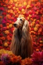 AI generated illustration of an Afghan Hounddog sitting among a stunning array of vivid wildflowers Royalty Free Stock Photo