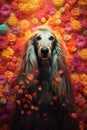 AI generated illustration of an Afghan Hounddog sitting among a stunning array of vivid wildflowers Royalty Free Stock Photo