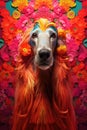 AI generated illustration of an Afghan Hounddog sitting among a stunning array of vivid wildflowers Royalty Free Stock Photo