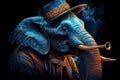 AI generated illustration of an African Bush elephant wearing a top hat, bow tie and smoking a pipe