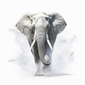 AI generated illustration of an African elephant running leisurely against a white background