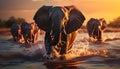 AI generated illustration of  African elephants running through water at vibrant sunset Royalty Free Stock Photo