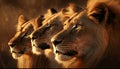 AI generated illustration of African lions sit gazing off into the distance at sunset