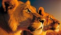 AI generated illustration of African lions sit gazing off into the distance at sunset