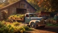 AI generated illustration of an aged truck parked in a farm with harvested fruits and vegetables