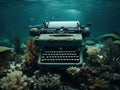 AI generated illustration of an aged typewriter submerged in a body of water