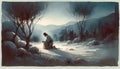 The Agony in Gethsemane of Jesus Christ. Passion Thursday. Life of Christ. Watercolor Biblical Illustration