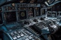 AI-generated illustration of an aircraft cockpit, featuring a variety of dials, knobs, and switches.