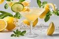 the cocktail is garnished with fresh citrus, mint and lemon slices