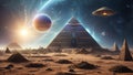 AI generated illustration of alien spaceships flying over pyramids