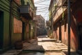 AI generated illustration of an alleyway with brightly colored buildings and electricity wires