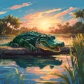 AI generated illustration of an alligator perched atop a small floating raft on a tranquil lake