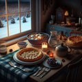 AI illustration of an almond tart, berries, teapot and candles on a wooden table with a snowy view