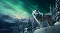 AI generated illustration of an alpha gray wolf atop a snow-covered mountain slope