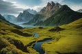 AI generated illustration of alpine landscape showcasing serene water, lush grass and mountains