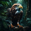 AI generated illustration of an American Bald Eagle perched on a green tree branch Royalty Free Stock Photo