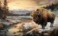 AI-generated illustration of an American Bison standing on a snowy riverbank Royalty Free Stock Photo