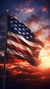 AI generated illustration of an American flag waving in the wind against a backdrop of a sunset Royalty Free Stock Photo