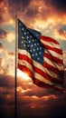 AI generated illustration of an American flag waving in the wind against a backdrop of a sunset Royalty Free Stock Photo