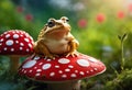 AI generated illustration of an amphibious frog perched atop a vibrant mushroom
