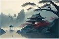 AI-generated illustration of an ancient Asian temple by a lake surrounded by trees Royalty Free Stock Photo