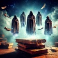 illustration of ancient books with mysterious cloaks and levitating, as if possessing magical knowledge.