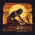 AI generated illustration of an ancient Egyptian painting of a man against a sunset backdrop Royalty Free Stock Photo