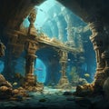 AI generated illustration of the ancient ruins of a columned structure under the water Royalty Free Stock Photo