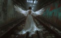 AI generated illustration of an angelic figure in a dim tunnel