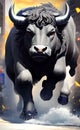 AI generated illustration of a charging bull in the city