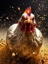 AI generated illustration of An angry Chicken covered in dust standing on the ground