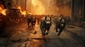 AI generated illustration of angry wolves running through a street with burning vehicles