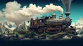 an animated train going down tracks in the mountains, with smoke pouring out of the