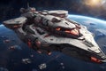 an animated space ship flying over a group of ships in front of the earth