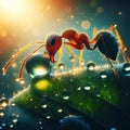 AI generated illustration of an ant on a vibrant green leaf, adorned with glistening water droplets Royalty Free Stock Photo