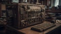 old control panel on an antique computer and keyboard sitting on a desk