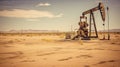 AI generated illustration of an antiquated oil pump in the middle of a desert landscape