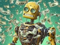 AI generated illustration of an antiquated robotic figure with a stack of bills floating around it