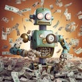 AI generated illustration of an antiquated robotic figure with a stack of bills floating around it