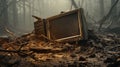 AI generated illustration of an antiquated television in front of dead trees and muddy soil