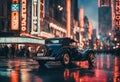 old car sitting in front of the theatre on a rainy day